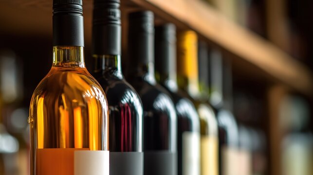 A row of wine bottles, close-up, showcasing elegance and craftsmanship in a timeless display.