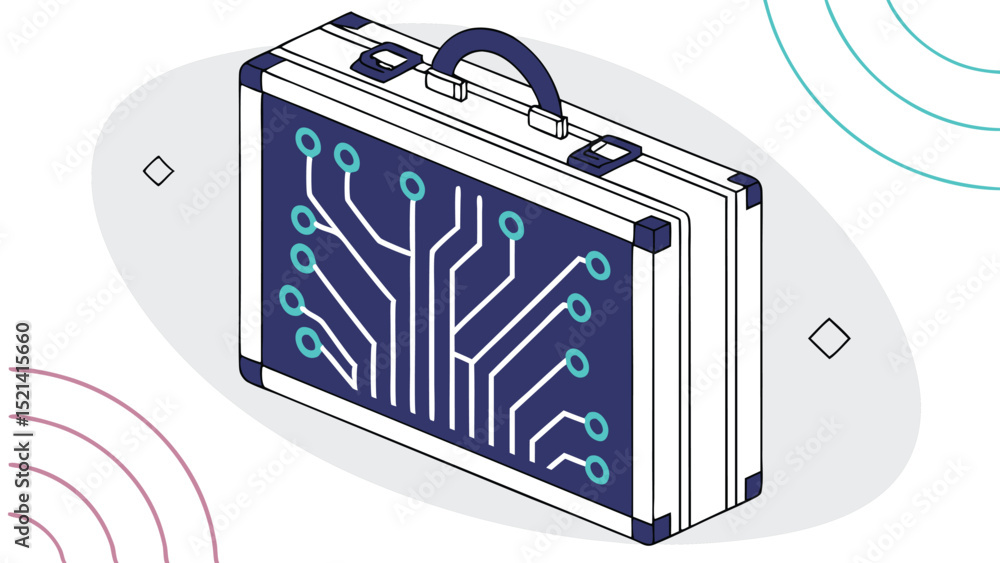 Poster isometric briefcase with a circuit board design on the side and handle on top in a modern style