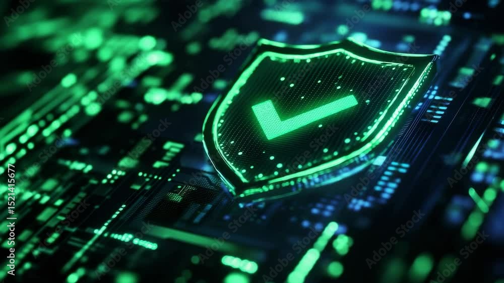 Poster green shield with check mark on digital circuit board, cybersecurity concept