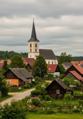 Village Church and Houses - Picturesque European village scene with charming houses and a prominent church steeple under a cloudy sky