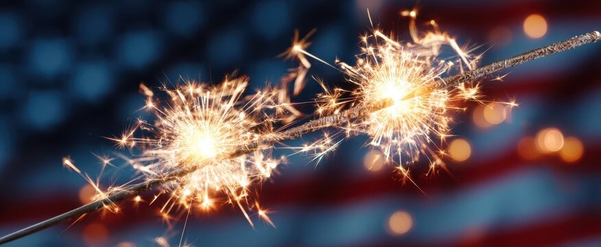 The sparkler illuminating joy against a festive American flag background. - Powered by Adobe