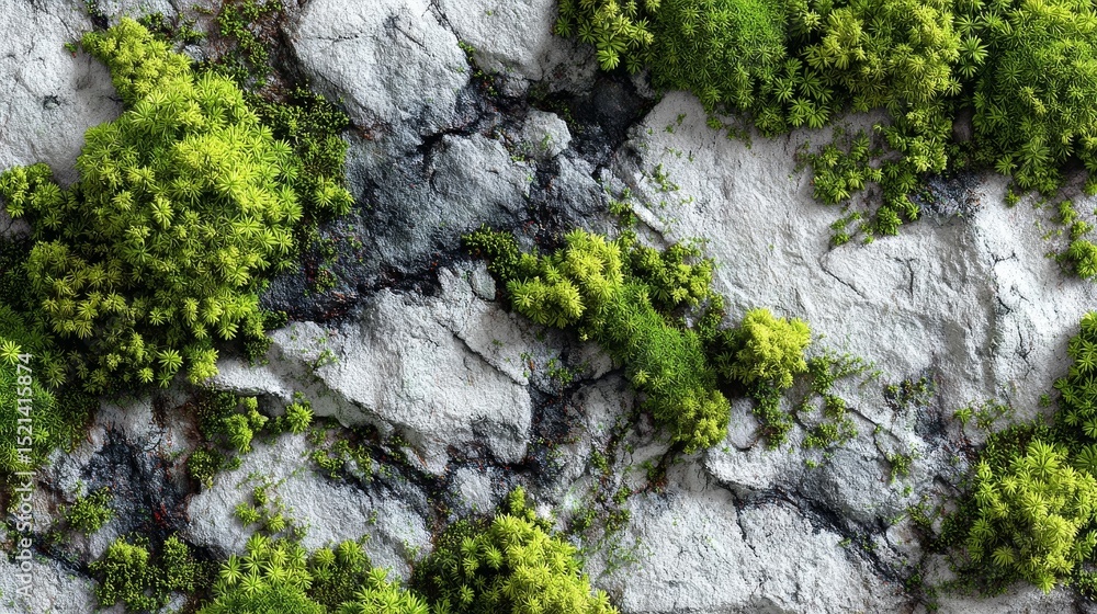 Poster top down view of a smooth granite slab texture with sparse vibrant moss hints, natural stone surface
