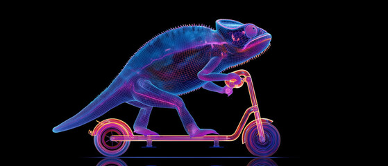 bioluminescent chameleon riding on neon electric scooter; black background; studio shot style; copy space