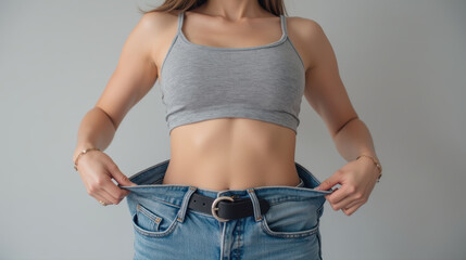 Confident woman showcases her weight loss journey by holding up oversized jeans, highlighting her slim waist and toned figure
