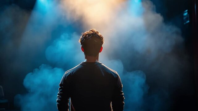 An artistic portrayal of a performer in a dramatic setting. Perfect for themes of performance, creativity, and inspiration. A captivating visual to enhance any project. Generative AI