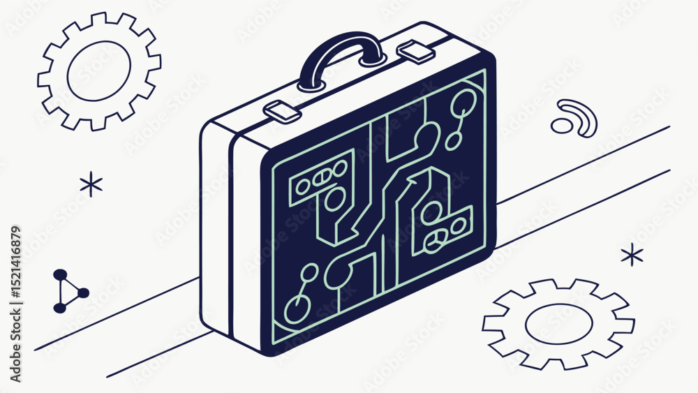 Poster isometric briefcase with circuit board design and gears on a white background with line art style