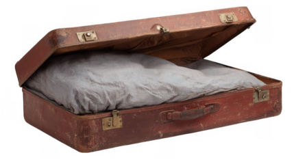 Old, worn out brown suitcase filled with checkered clothes, sitting against a transparent background, evokes travel and adventure themes, perfect for vintage and nostalgic concepts