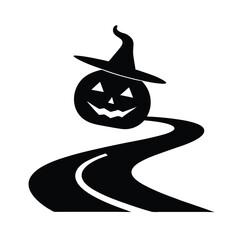 Halloween pumpkin wearing witch hat on winding road