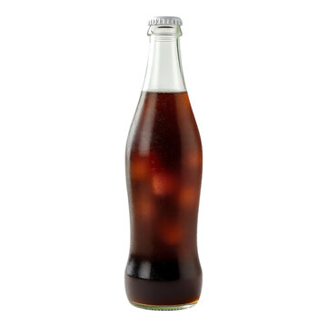 Cola-filled glass bottle with ice cubes