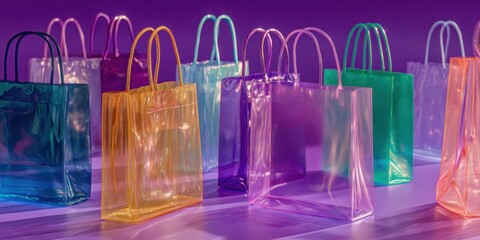 Colorful Translucent Bags Artistic Arrangement on Vibrant Purple Background