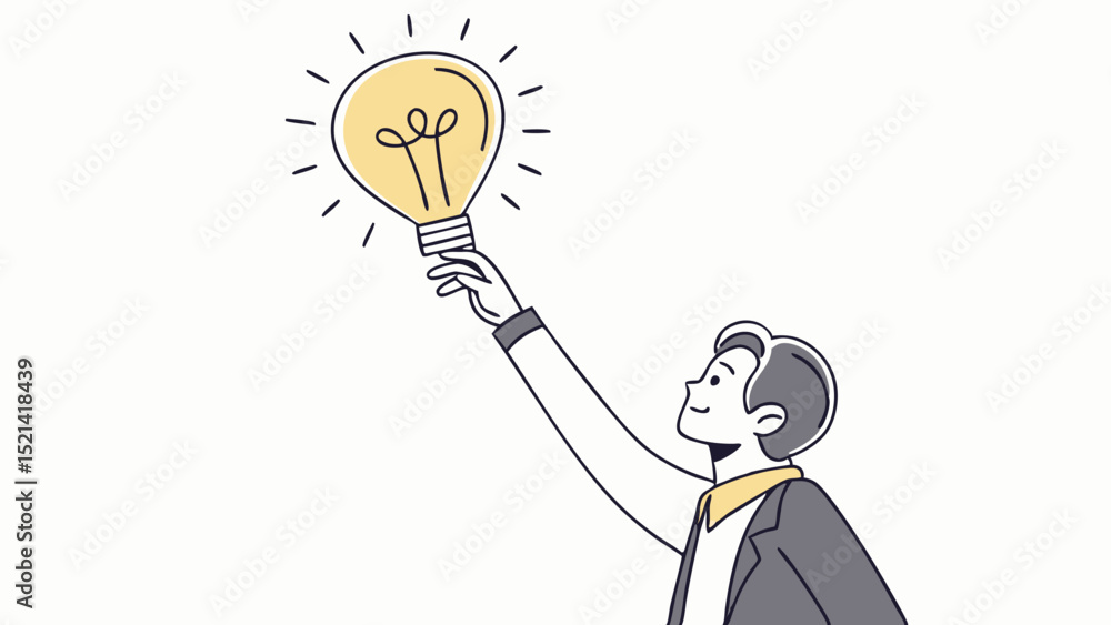 Poster man in suit holding up a glowing light bulb representing an idea or innovation with radiating lines 