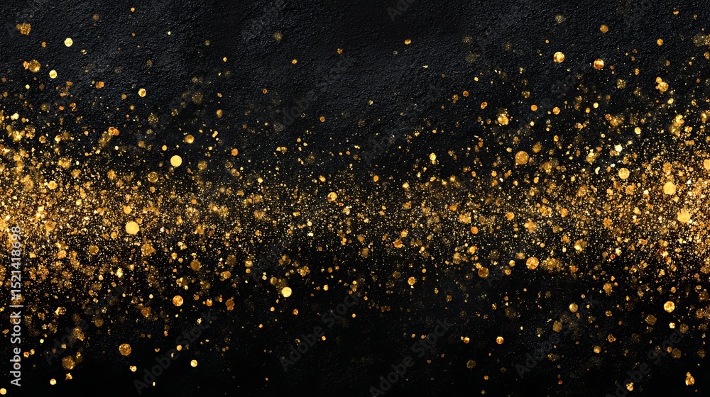 Poster floating golden foil flecks and flakes of various sizes and textures scattered around edges on trans