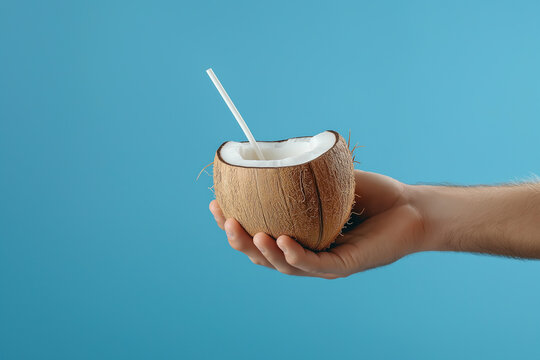 Hand holding a fresh coconut drink with straw on blue backdrop - Powered by Adobe