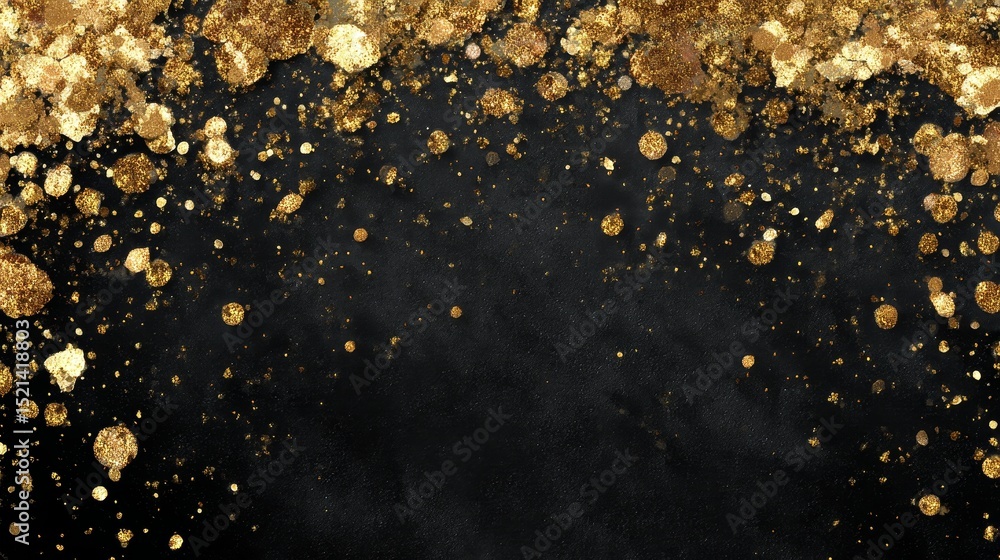 Poster floating golden foil flecks and flakes of various sizes and textures scattered around edges on trans