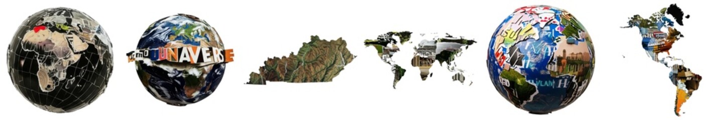 PNG diverse collection of globes forms a vibrant collage.