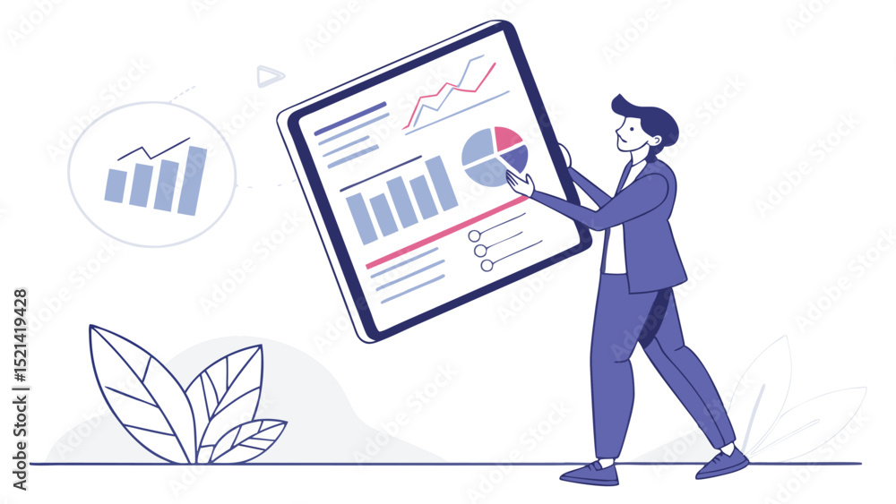 Poster person in suit holding large tablet displaying charts and graphs with bar graph icon nearby