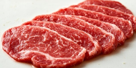 Fototapeta premium Raw marbled beef pieces displayed on a clean surface to showcase vibrant colors and fat content.