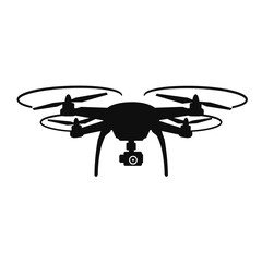 Drone with camera design in black silhouette on white background  