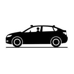 Obraz premium Black silhouette of a sedan car with a driver inside on the road - Concept of Technologies of the future 