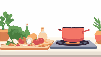 Red Cooking Pot with Fresh Ingredients – Kitchen Prep Scene
