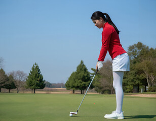 Obraz premium A woman in a red jacket and white pants plays golf on a sunny day, with trees in the background.