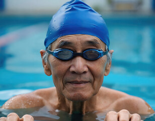 elderly man with a blue swim cap, goggles, and a calm expression in a pool.