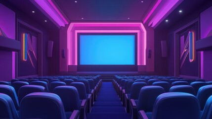 Fototapeta premium Empty retro cinema auditorium with purple lighting and a large blank screen.