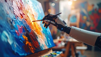 Artificial creativity and design. AI robot hand painting a vibrant abstract artwork on a canvas, representing innovation, artistic intelligence, and future of creativity