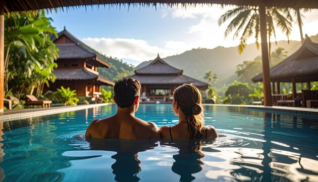 romantic tropical resort pool getaway, couple enjoying tropical resort pool, relaxing moments at tropical resort pool, romantic travel in exotic tropical resorts, luxury couples retreat poolside