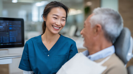 Fototapeta premium Young Asian female dentist explaining root canal therapy to elderly male patient using digital intraoral scanner and 3D tooth model in a bright dental office. female Asian dentist,