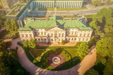 Krasinski Palace and National Library in Warsaw, Poland, view from above with green park