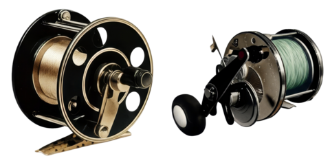 PNG Two vintage fishing reels are displayed on a transparent background.