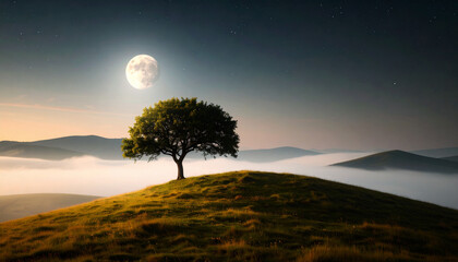 A serene night landscape featuring a lone tree on a gently sloping grassy hill, bathed in soft moonlight.  A peaceful and atmospheric minimalistic nature scene, evoking calm and solitude