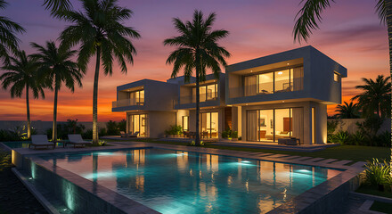 Luxury Villa with Pool and Palm Trees at Sunset