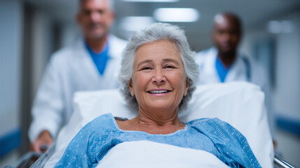 Obraz premium Male nurse pushing stretcher gurney bed with senior female patient through hospital corridor, accompanied by doctors in white coats walking alongside. male nurse hospital, senior p