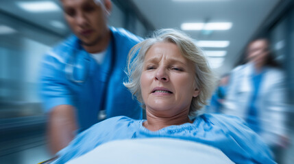 Urgent hospital scene with male nurse quickly pushing elderly woman on stretcher through corridor, doctors following with concern, emergency care atmosphere. emergency patient tran