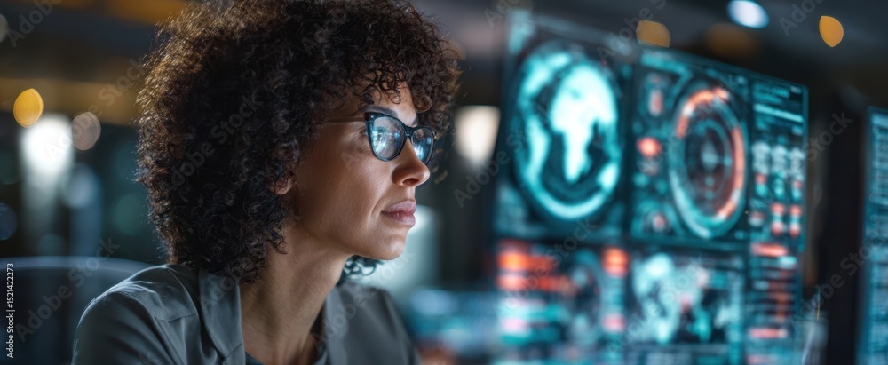 Poster the focused woman analyzing data on multiple digital screens in a modern workspace.