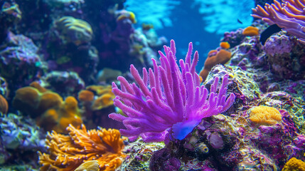 Purple coral blooms nestled among multicolored reef structures © Kristina