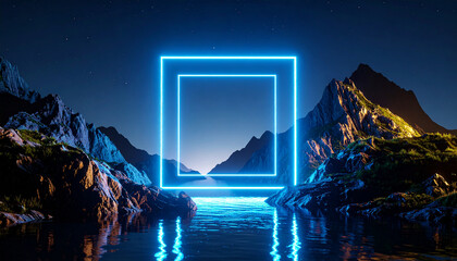 Abstract background with neon geometric shape and rocky mountains. Futuristic frame.