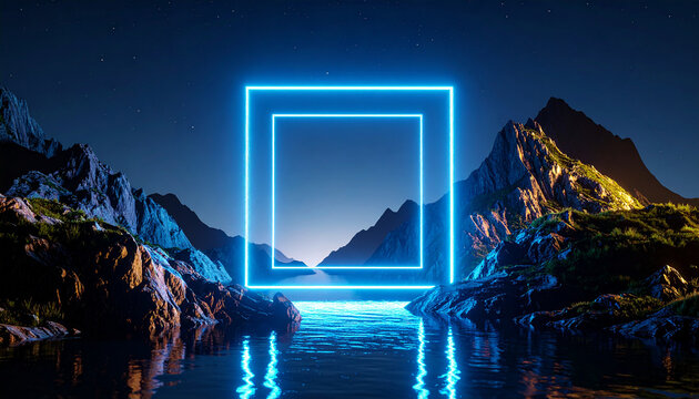 Abstract background with neon geometric shape and rocky mountains. Futuristic frame.