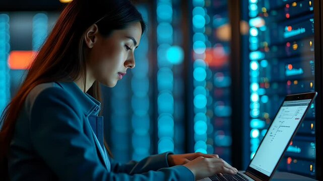 Focused woman coding in secure modern data center  
