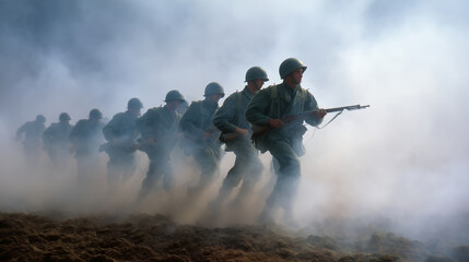 Side view of American WWII soldiers in full uniform, participating in military historical reconstruction, walking through battlefield smoke with rifles. WWII US soldiers, military