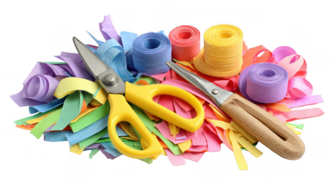 Craft tools like scissors and a paper trimmer resting on colorful paper scraps, highlighting a vibrant crafting session with a transparent background for versatile project integration