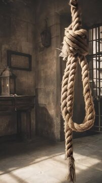 Rope noose hangs in old stone jail cell, sunlight streaming through iron bars, creating a stark, haunting scene of despair and confinement.