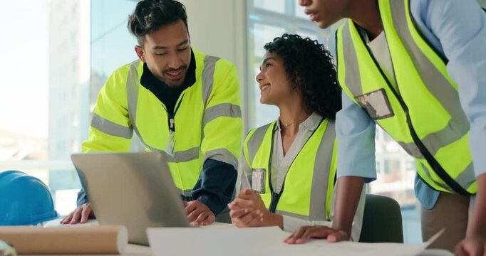 Construction, teamwork and people on laptop in meeting for design, floorplan and building project. Architecture, office and workers with blueprint on computer for website, research and planning