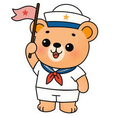 Cute Cartoon Sailor Bear Holding a Flag