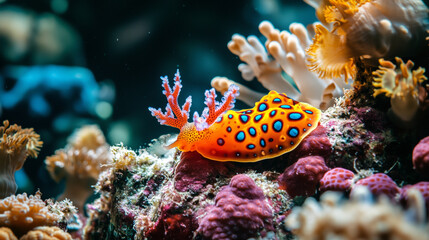 Fototapeta premium A sea slug crawling over colorful encrusting coral