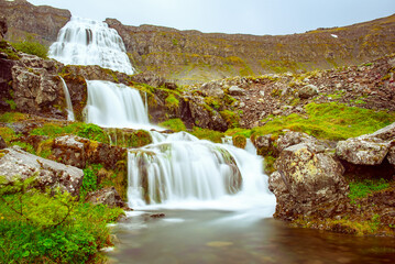 Dynjandi is one the most famous waterfall of the West Fjords of Iceland at summer