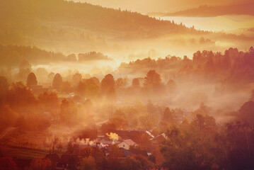 Morning mountain landscape, autumn seasonal background, amazing sunrise