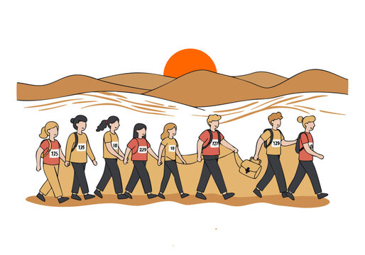 diverse group of walkers participates in a walkathon across a desert landscape under a rising sun They carry backpacks and bibs promoting unity and community A clear hopeful composition - Powered by Adobe